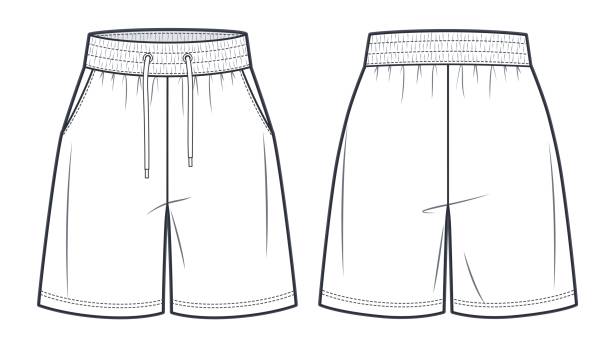 유니섹스 버뮤다 반바지 기술 패션 일러스트레이션. 짧은 땀 바지 패션 플랫 템플릿, 탄력있는 허리, 앞뒤, 흰색 색상. 스포츠웨어 유니섹스 cad 모형. - shorts stock illustrations