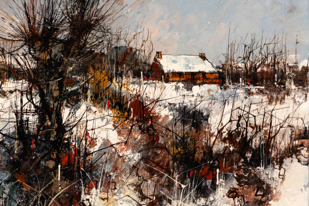 ilustraciones, imágenes clip art, dibujos animados e iconos de stock de paisaje rural en la pintura al óleo de invierno - painting artist landscape painted image