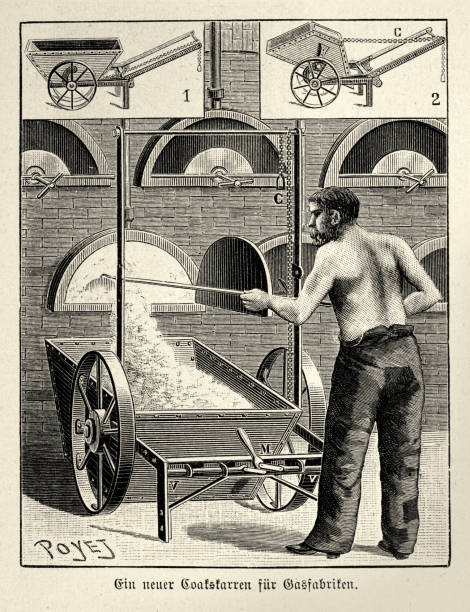 Worker in a gas works using a coal, coke, cart in a gas works, Victorian industry, 19th Century Vintage illustration Worker in a gas works using a coal, coke, cart in a gas works, Victorian industry, 19th Century.  German 1890s gas fired power station stock illustrations