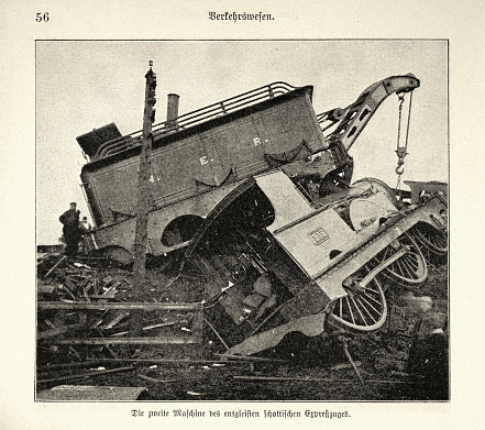 Vintage illustration after photograph of Victorian train crash, derailed steam train wreckage, 1890s 19th Century