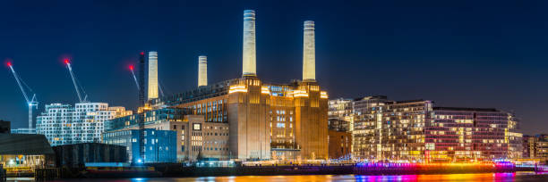 London Battersea Power Station Nine Elms illuminated Thames night panorama stock photo