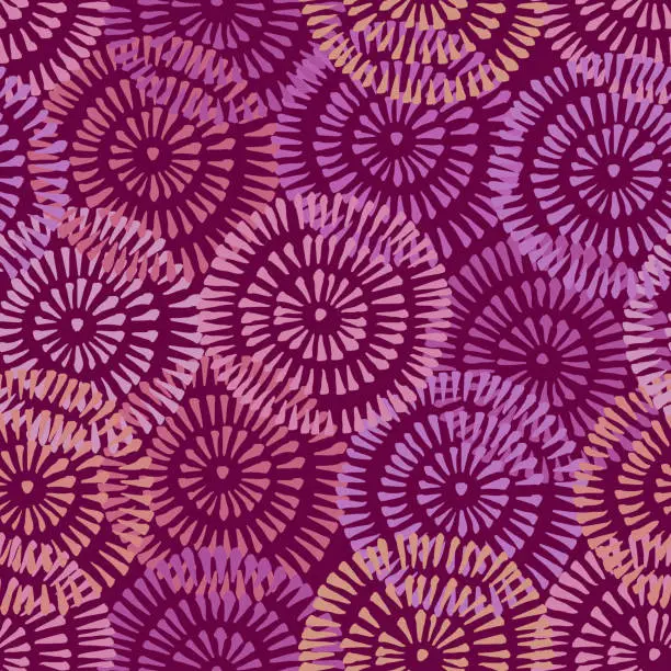 Vector illustration of Bright Tie-Dye Shibori Sunburst Circles Pink and Purple Background Vector Seamless Pattern. Design Element for Spring-Summer Textiles, Wrapping Papers and Decoration.