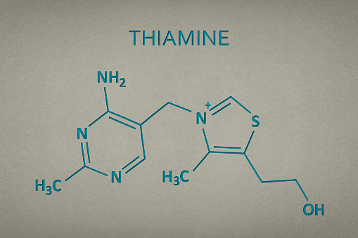 Vitamin B1. Thiamine molecule on paper texture background. Skeletal formula of vitamin b1. Recessed text in green and yellow.