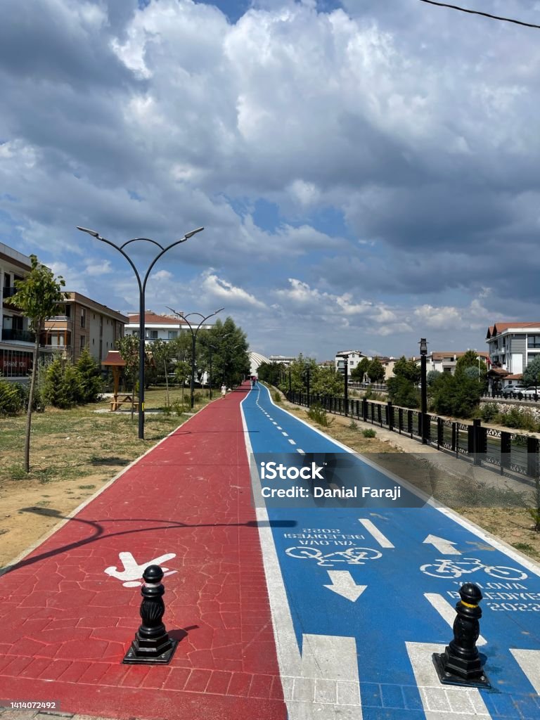 Public health road, sport line, portrait New build health road, jogging and cycling line in red and blue new built in Turkey, Yalova city Blue Stock Photo