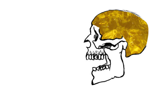 skeleton hand drawn head with abstract water brain, next to copy space, creative art design