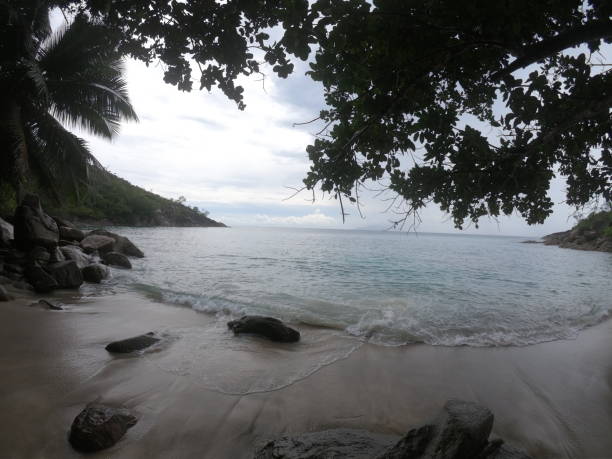 istock Lonely beach in cloudy day Seychelles 1414076499