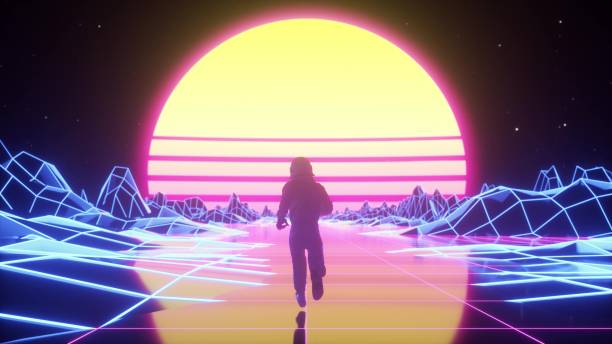 istock Astronaut runs surrounded by flashing neon lights. Retro 80s style synthwave background. 3d illustration 1414076533