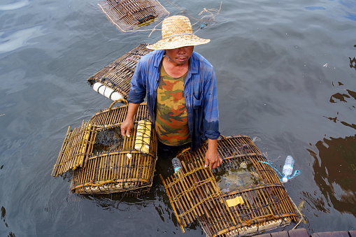 Kep. Cambodia. November, 20, 2019. Krong Kep Province.  A fisherman kept crabs in submerged baskets to keep them fresh
