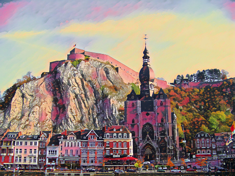The mixed media image of the city of Dinant, Belgium.  The Citadel is built on high cliffs, a collegiate church, and brightly colored buildings.