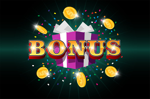 Bonus word with flying gold dollar coins and gift box on confetti background. Win prize celebration promo banner. Loyalty program or casino winning concept. Earn and money income vector illustration