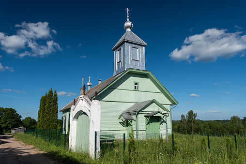 Puderova Old Believers Church in sunny summer day, Latvia.