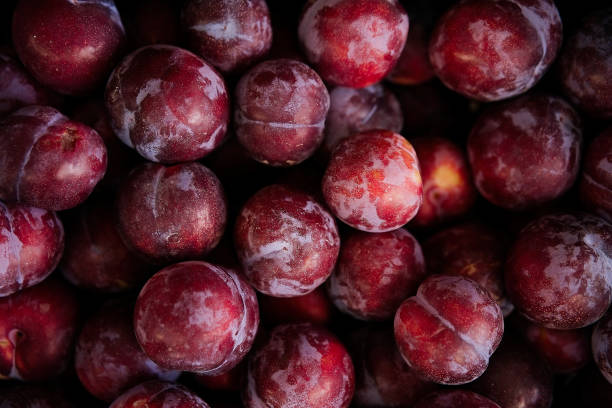 istock Ripe red plum close-up background or texture 1414083582