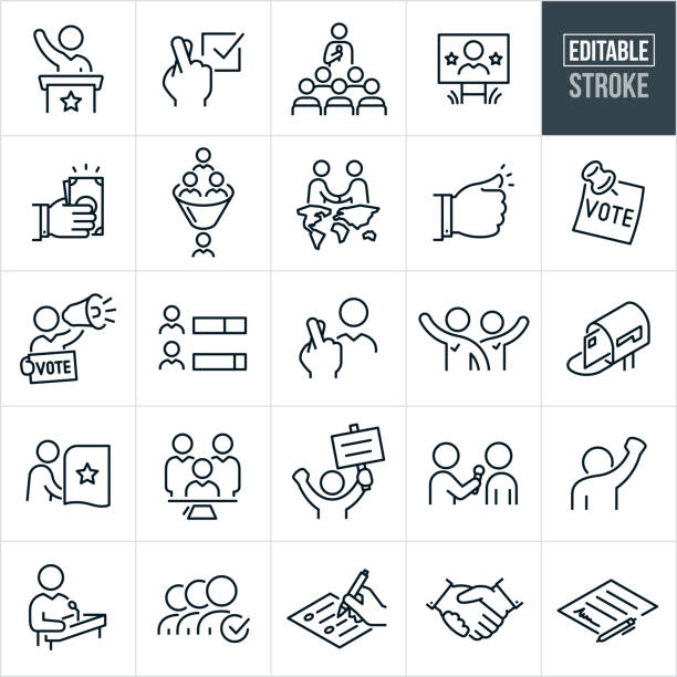 illustrazioni stock, clip art, cartoni animati e icone di tendenza di icone a linee sottili politiche - tratto modificabile - votazione immagine