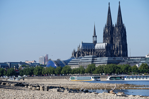 Cologne, Germany August 09, 2022: low water level on the rhine in cologne