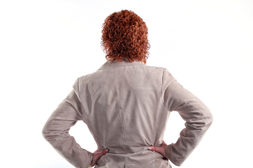 Close up happy businesswoman over white background