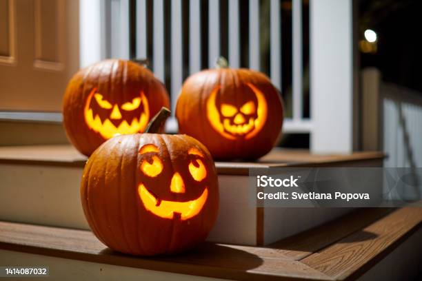 Halloween Pumpkins On A Porch Stock Photo - Download Image Now - Jack O' Lantern, Pumpkin, Porch