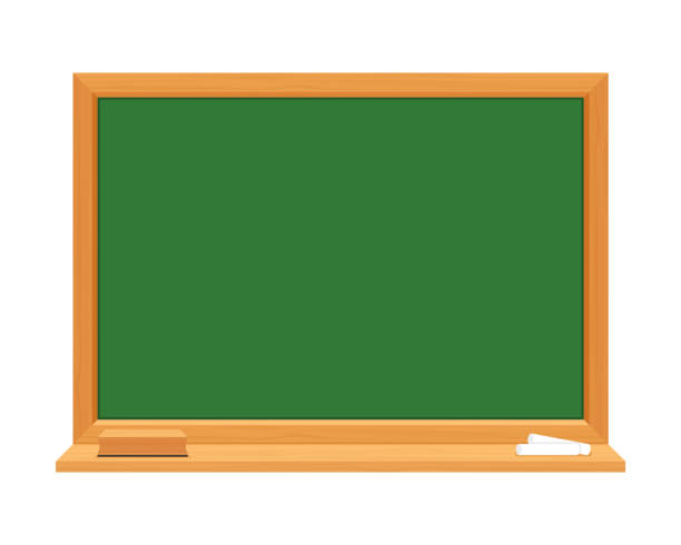 교육 - 학교 - 공급 - 흰색 배경에 고립 된 찰크와 지우개가있는 녹색 칠판 - blackboard chalk blank eraser stock illustrations