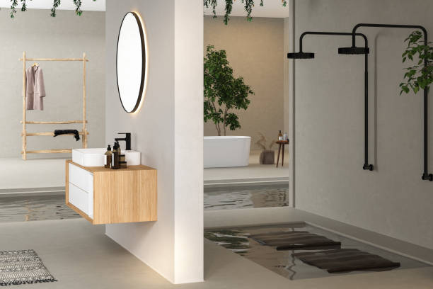 istock Minimal bathroom interior with white and concrete walls, white basin with oval mirror, bathtub, shower 1414093790