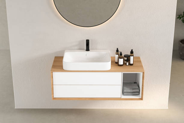 istock 3D render an wooden vanity counter with whiteceramic washbasin 1414093937