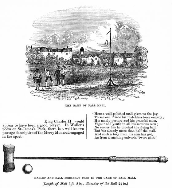 Pall-Mall Game,  Poem about English King Charles II playing Pall-Mall Game of Pall-Mall using balls, mallet, and a hoop outdoors. Illustration includes four male teens playing the game, close-up of equipment, and a poem about Kind Charles II playing Pall-Mall while a prince of England.  Illustration published 1863. Original edition is from my own archives. . Copyright has expired and is in Public Domain. King Size stock illustrations