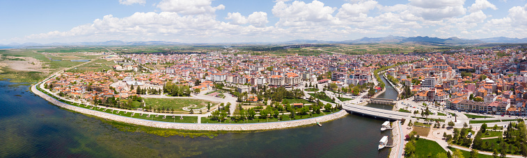 Aerial photo of Turkish town Beysehir with view of Lake and Channel Beysehir.