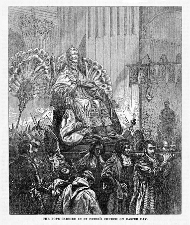 The Pope is carried on a chair at St. Peter's Basilica at the Vatican City, Rome, Italy, in 1862 on Easter. Easter is the Sunday celebration of when Jesus Christ resurrected from the grave.  Illustration published 1863. Source: Original edition is from my own archives. Copyright has expired and is in Public Domain.