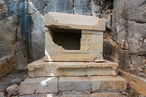 Ancient sarcophagus in necropolis of Olympos, Antalya Province, Turkey.