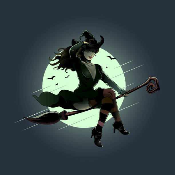 Pretty Witch rides broomstick vector art illustration