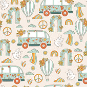 istock Seamless pattern retro 70s hippie. Psychedelic groove element. Background with rainbow, air balloon and bus in vintage style. Illustration with positive symbols for wallpaper, fabric, textiles. Vector 1414107685