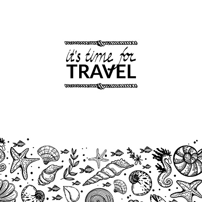 Banner with sea creatures on white background. Design for tourist business advertising, for seafood grocery stores. Shells, fish, clams and algae. Hand-drawn doodles in sketch style