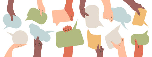 people's hands exchange ideas and holding speech bubble with vote and comment. team cooperation communicate collaborate. diversity multicultural group with talk message cartoon vector illustration - 社區 插圖 幅插畫檔、美工圖案、卡通及圖標