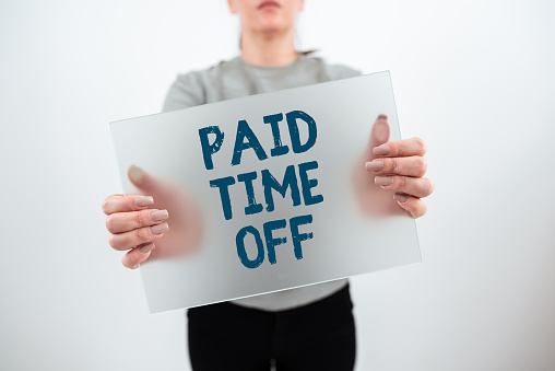 Handwriting text Paid Time Off, Concept meaning Receiving payments for not moments where you are not working Businesswoman Holding Blank Placard And Advertising The Business.