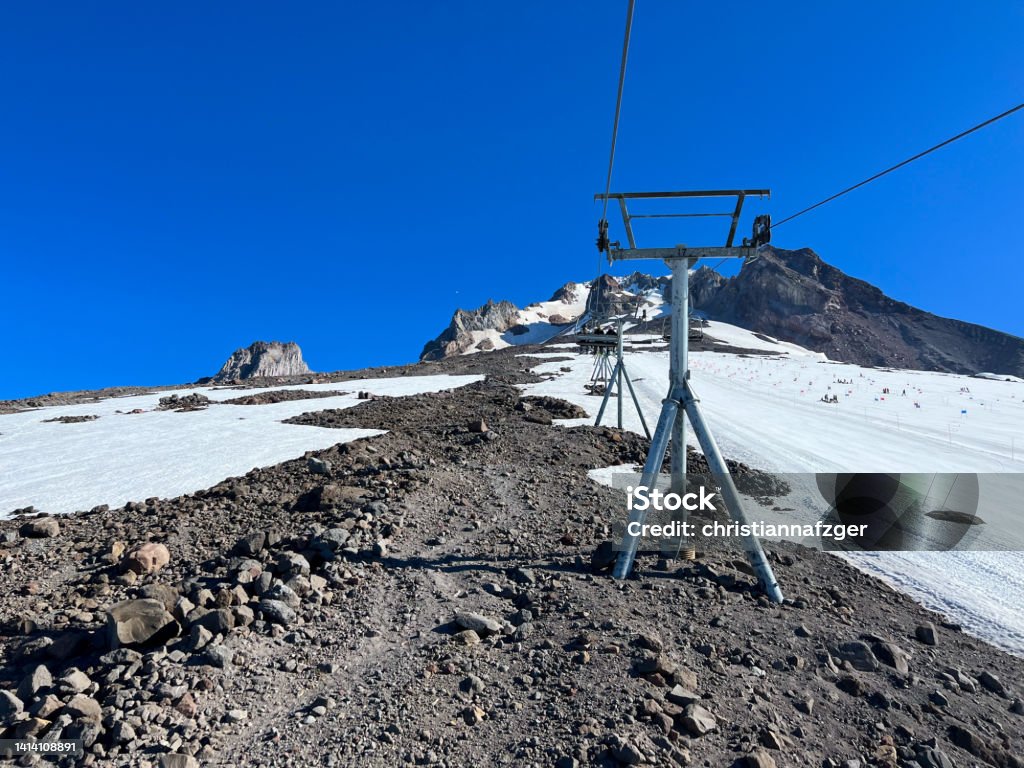 Summer skiing on Palmer Glacier at Timberline Ski Resort Alpine skiing in August on Mount Hood August Stock Photo