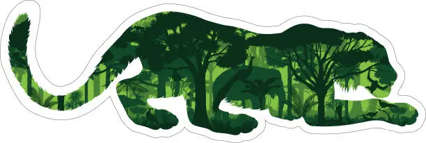 Vector illustration of tiger in india jungle with animals: elephant, peafowl, monkey, pheasant, flying fox, great hornbill, monal, deers, cobra and orangutan