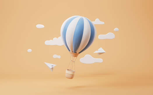 Cartoon hot air balloon with paper airplane, 3d rendering. Computer digital drawing.