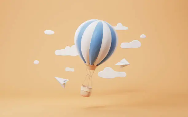 Photo of Cartoon hot air balloon with paper airplane, 3d rendering.