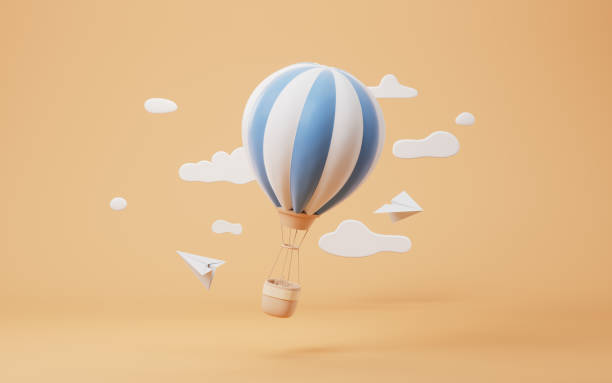 cartoon hot air balloon with paper airplane, 3d rendering. - china balloon stok fotoğraflar ve resimler