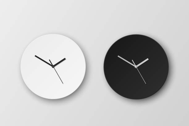 ilustrações, clipart, desenhos animados e ícones de vetor 3d realistic white and black wall office clock icon set isolado. modelo de design do close-up facial do relógio de parede. mock-up para branding and advertise. vista frontal - ponteiro de relógio