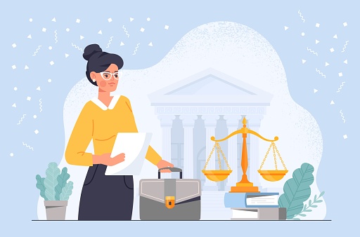 Lawyer at workplace. Woman with briefcase in front of courthouse and scales of justice. Jurisprudence and legislation. Attorney or notary, protection of business. Cartoon flat vector illustration