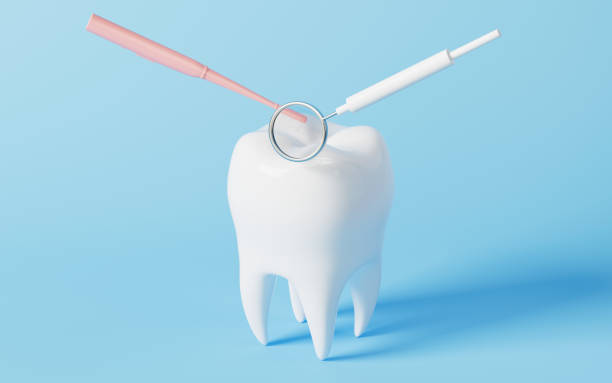istock Pink toothbrush brushing the tooth in the blue background, 3d rendering. 1414116956