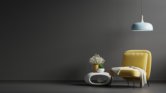 Dark wall mock up with yellow armchair on black wall background.3D rendering