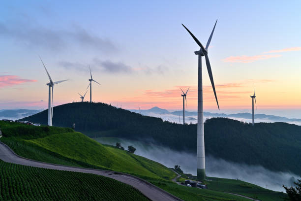 the dawn of mt. maebong - scenics landscape windmill sunrise imagens e fotografias de stock