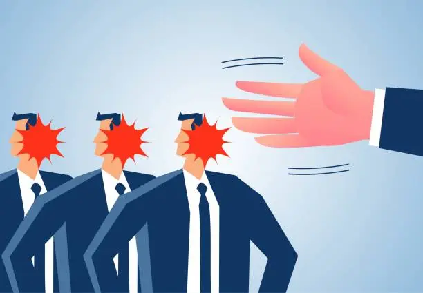 Vector illustration of Slapped everyone in the face, small businessmen standing in a row were slapped with a big hand, bullied and suppressed, unfair treatment.