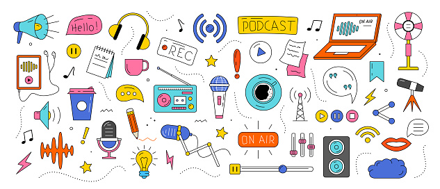 Podcast recording and listening concept. Set of equipment for music radio or audio streaming. Stickers with microphones, headphones, laptop, tape recorder and buttons. Cartoon flat vector collection