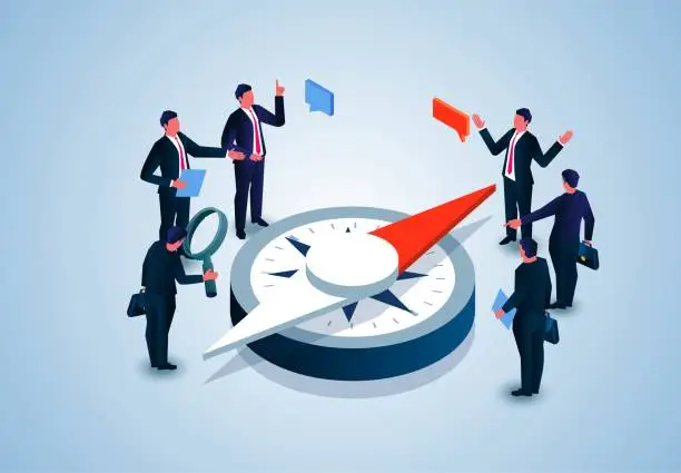Vector illustration of Analyzing business plan direction and marketing direction, isometric two groups of businessmen standing near compass discussing and analyzing together, successful business and marketing