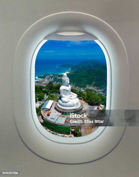 View From Planes Window Of Big Buddha Phuket Thailand And Views Of Kata Beach Karon Beach And Chalong Bay Green Lush Mountains Blue Skies And Turquoise Beaches Stock Photo - Download Image Now