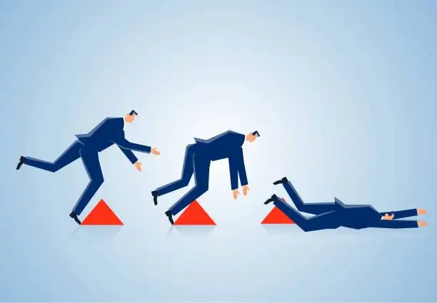Vector illustration of A businessman challenge running over obstacles fails and falls, inexperienced businessman encounters setbacks leading to failure