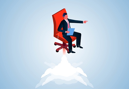 Isometric businessman flying to the sky in jet office chair, promotion, business status promotion, self promotion