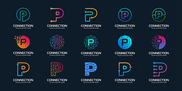 set of creative letter P Modern Digital Technology Logo Design. The logo can be used for technology, digital, connection, electric company.