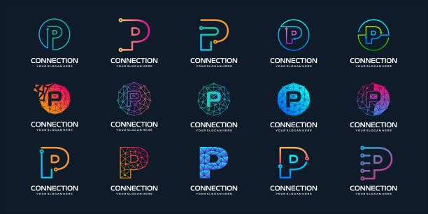 set of creative letter P Modern Digital Technology Logo Design. The logo can be used for technology, digital, connection, electric company. set of creative letter P Modern Digital Technology Logo Design. The logo can be used for technology, digital, connection, electric company. letter p logo stock illustrations